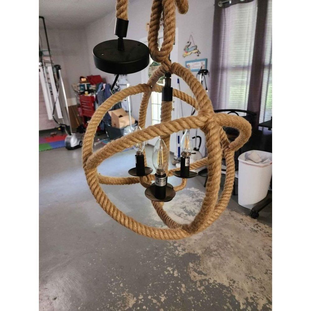 Traditional industrial Retro‎ Chandelier 3 lights hemp rope vintage metal light